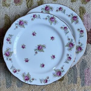 Two Lefton Hand painted China luncheon 8” plates Pink roses, Rosebuds EUC